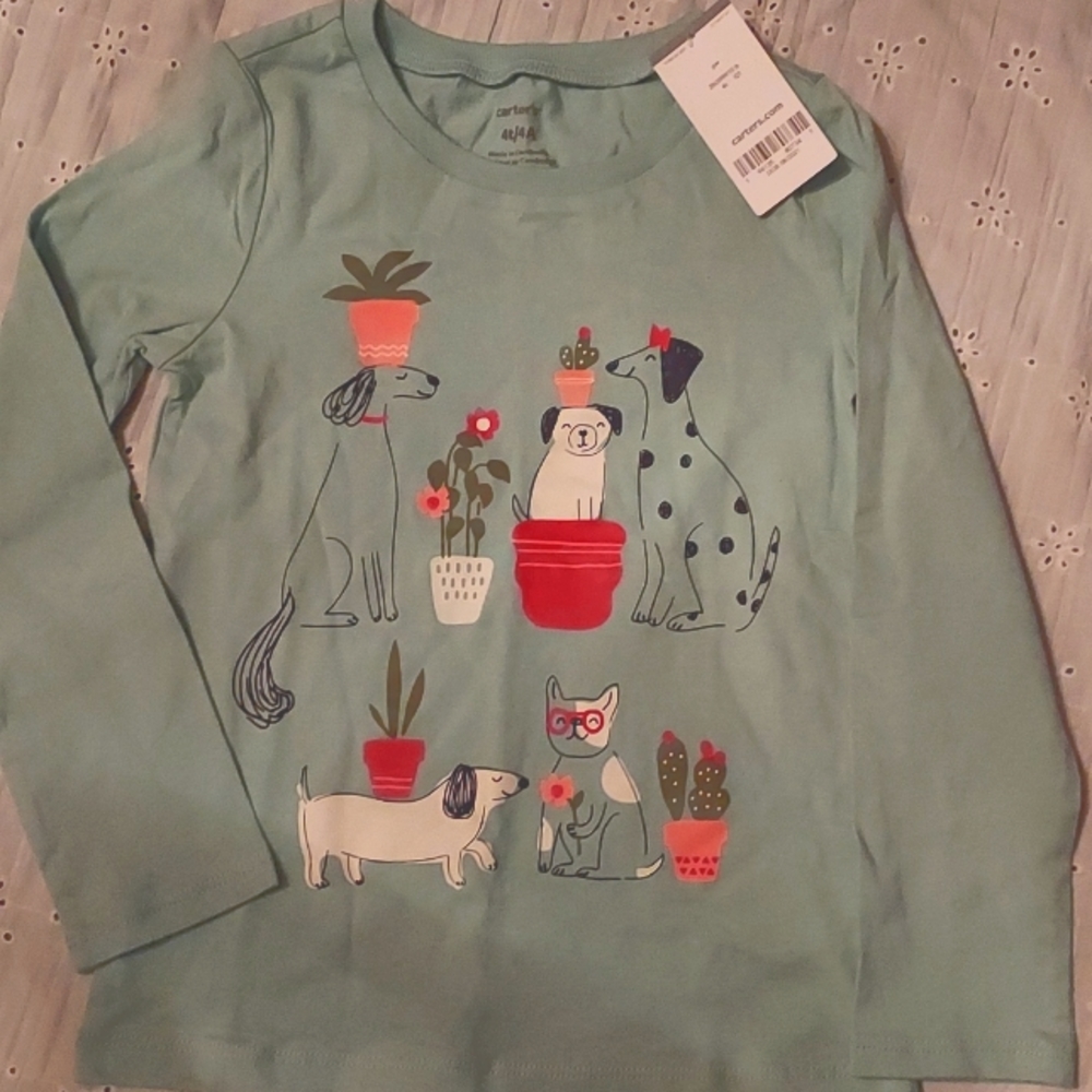 Carter's 100% cotton girls 4T long-sleeve puppy dog and flower pot shirt
